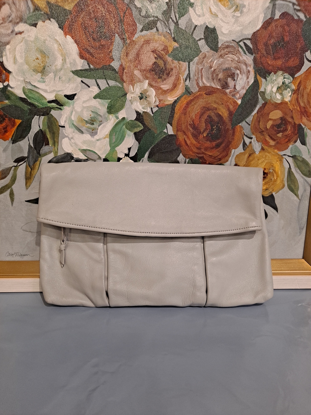 Vintage 80s Fold-Over Luxury Leather Pleated Clutch Light Gray Polished Classic